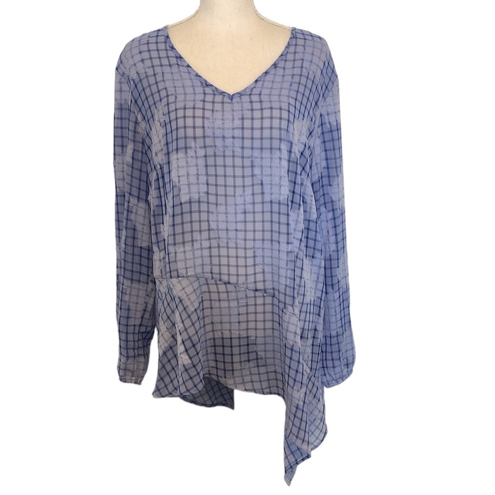 Lori Goldstein Blouse Women's Size Large Blue Sheer Asymmetrical Floral Appliqué